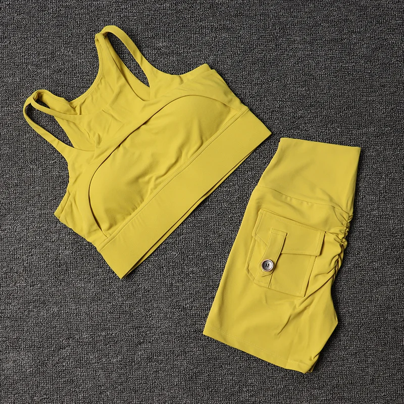 Fitness Shorts Yoga Sets Women's Tracksuit High Waist Sportswear Bra Workout Leggings Cycling Gym Shorts Sports Suit With Pocket