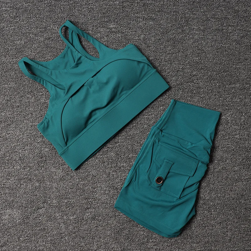 Fitness Shorts Yoga Sets Women's Tracksuit High Waist Sportswear Bra Workout Leggings Cycling Gym Shorts Sports Suit With Pocket