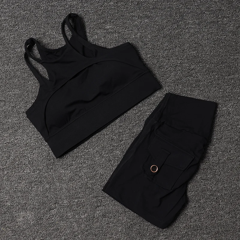 Fitness Shorts Yoga Sets Women's Tracksuit High Waist Sportswear Bra Workout Leggings Cycling Gym Shorts Sports Suit With Pocket
