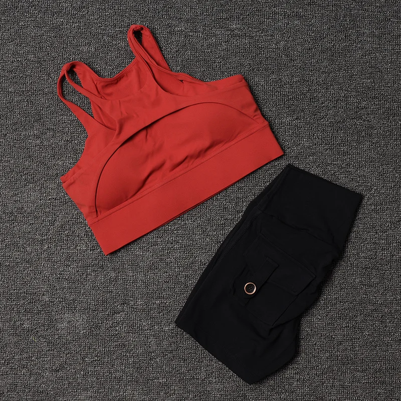 Fitness Shorts Yoga Sets Women's Tracksuit High Waist Sportswear Bra Workout Leggings Cycling Gym Shorts Sports Suit With Pocket