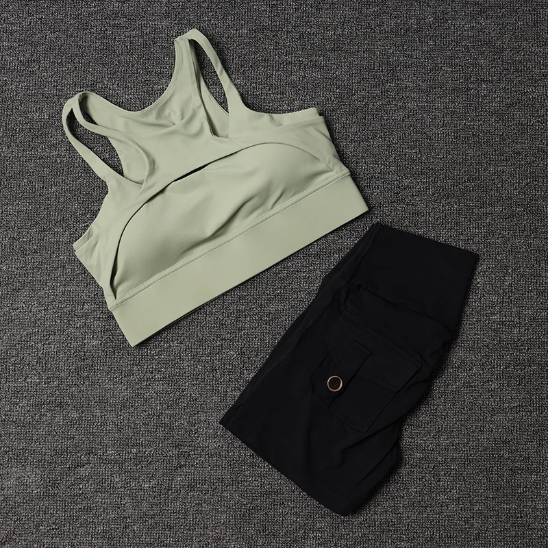 Fitness Shorts Yoga Sets Women's Tracksuit High Waist Sportswear Bra Workout Leggings Cycling Gym Shorts Sports Suit With Pocket