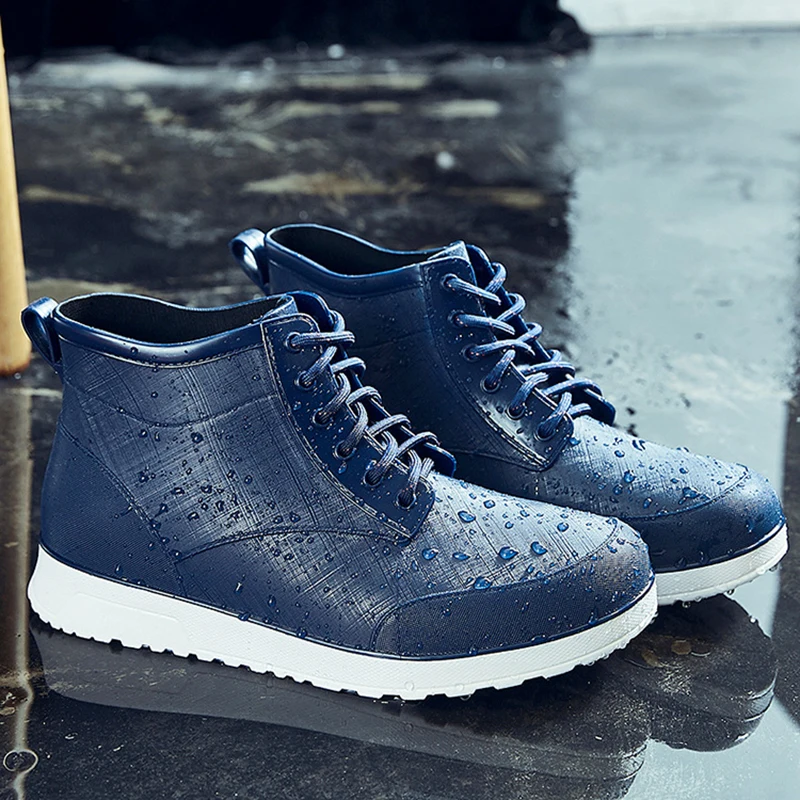 Lovers Lace-up Rain Boots Men Outdoor Non-slip Waterproof Work Water Boots Fashion Couple's Ankle Platform Rainboots Size 36-45