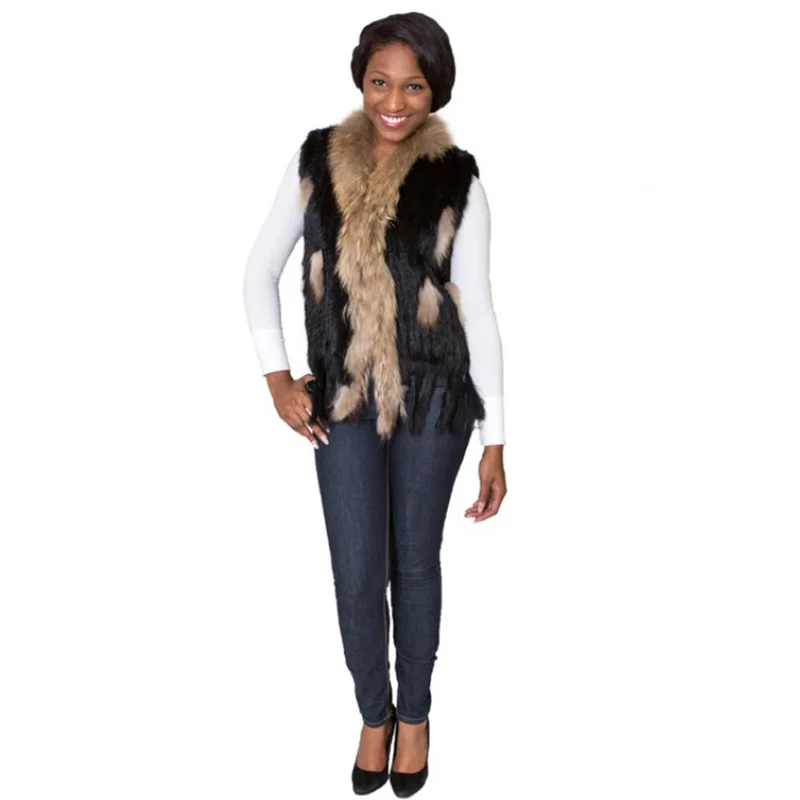 Women Winter Autumn Classic Fur Vest Real Rabbit Fur Knit Vest With Raccoon Fur Collar