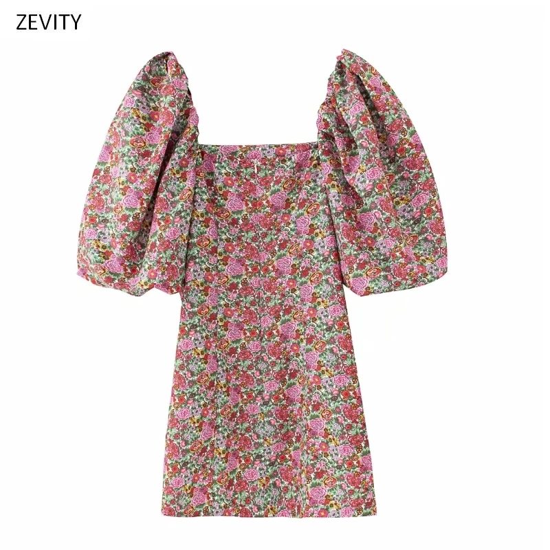 Zevity Women Vintage Floral Vestidos Print Puff Sleeve Mini Dress Female Square Collar Casual Slim Streetwear Dresses DS3957