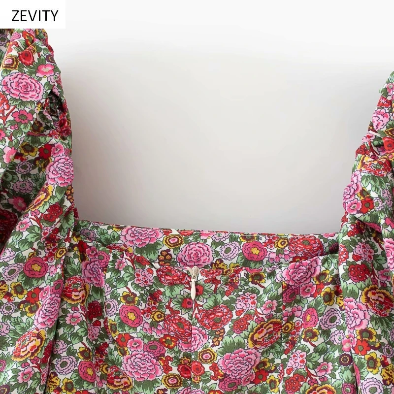 Zevity Women Vintage Floral Vestidos Print Puff Sleeve Mini Dress Female Square Collar Casual Slim Streetwear Dresses DS3957