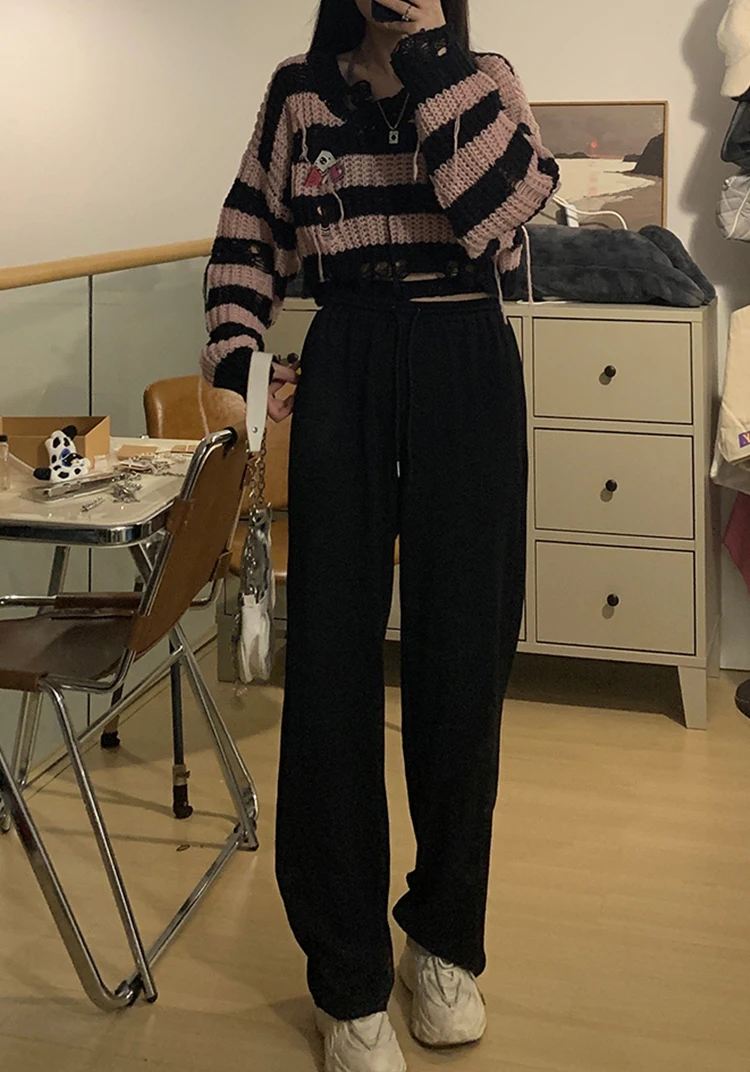 Pink Striped Gothic Sweaters Women Ripped Holes Loose Knitted Pullover Frayed Fairy Grunge Jumpers Streetwear Crop Tops Ladies