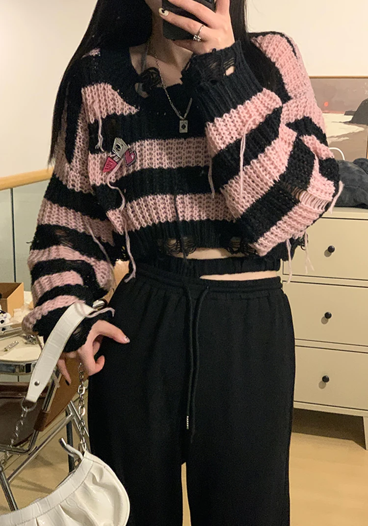 Pink Striped Gothic Sweaters Women Ripped Holes Loose Knitted Pullover Frayed Fairy Grunge Jumpers Streetwear Crop Tops Ladies