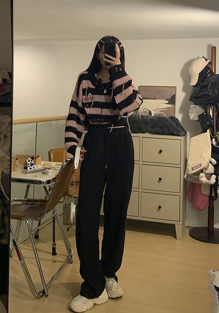 Pink Striped Gothic Sweaters Women Ripped Holes Loose Knitted Pullover Frayed Fairy Grunge Jumpers Streetwear Crop Tops Ladies