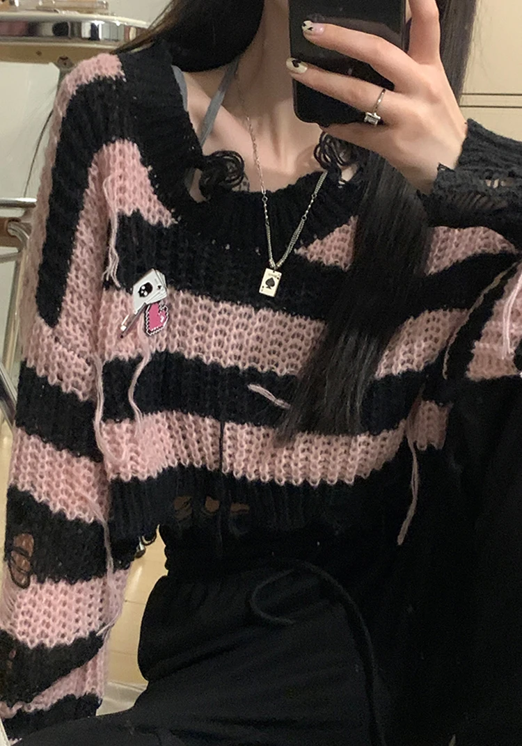 Pink Striped Gothic Sweaters Women Ripped Holes Loose Knitted Pullover Frayed Fairy Grunge Jumpers Streetwear Crop Tops Ladies