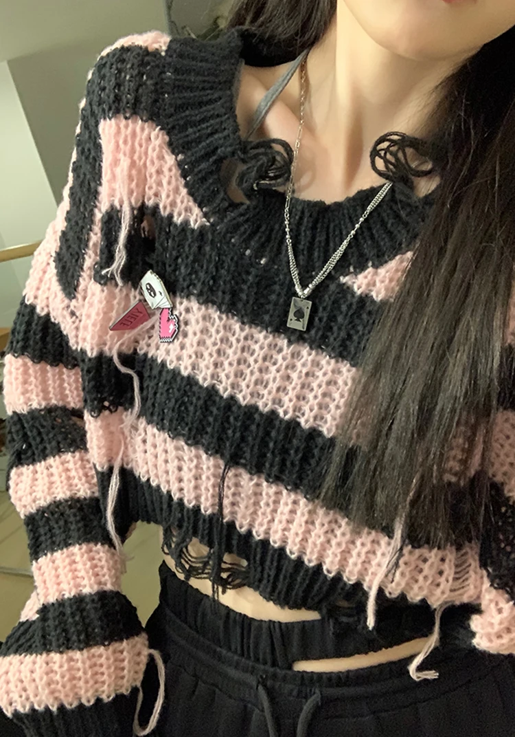 Pink Striped Gothic Sweaters Women Ripped Holes Loose Knitted Pullover Frayed Fairy Grunge Jumpers Streetwear Crop Tops Ladies
