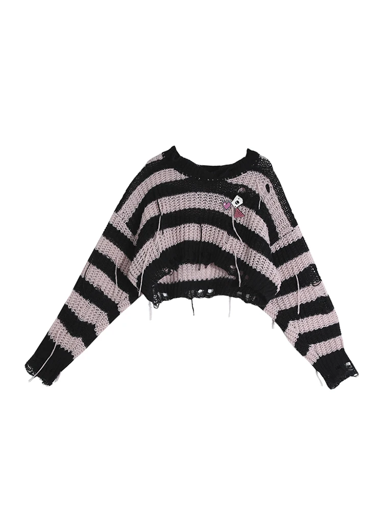 Pink Striped Gothic Sweaters Women Ripped Holes Loose Knitted Pullover Frayed Fairy Grunge Jumpers Streetwear Crop Tops Ladies