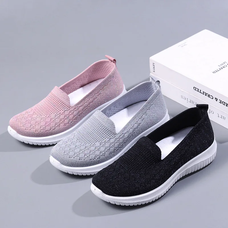 Cheap Mom Summer Mesh Knitting Sneakers Women Breathable Mary Janes Shoes Non-slip Ladies Casual Nurse Office Shoes Ballet Flats
