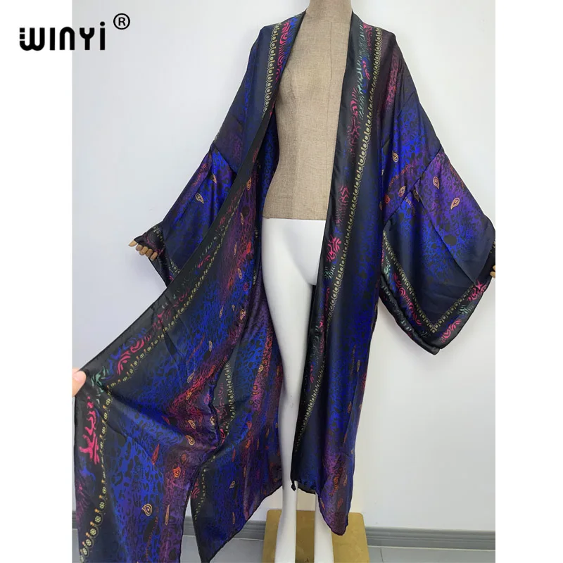 WINYI new bright fashion printing sweet lady beach Bohemian long Cardigan Cover-up stitch Casual Boho Maxi Holiday party kimono