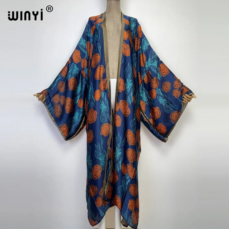 WINYI new bright fashion printing sweet lady beach Bohemian long Cardigan Cover-up stitch Casual Boho Maxi Holiday party kimono
