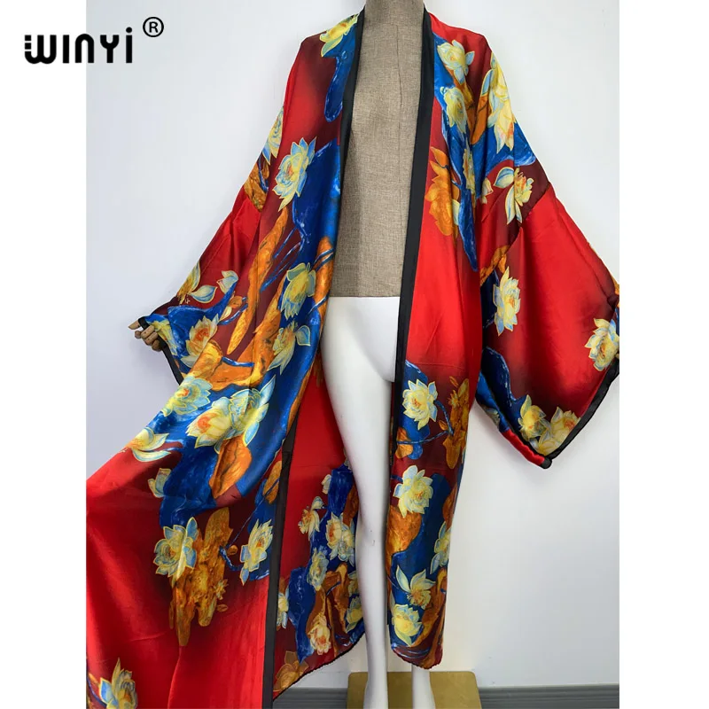 WINYI new bright fashion printing sweet lady beach Bohemian long Cardigan Cover-up stitch Casual Boho Maxi Holiday party kimono