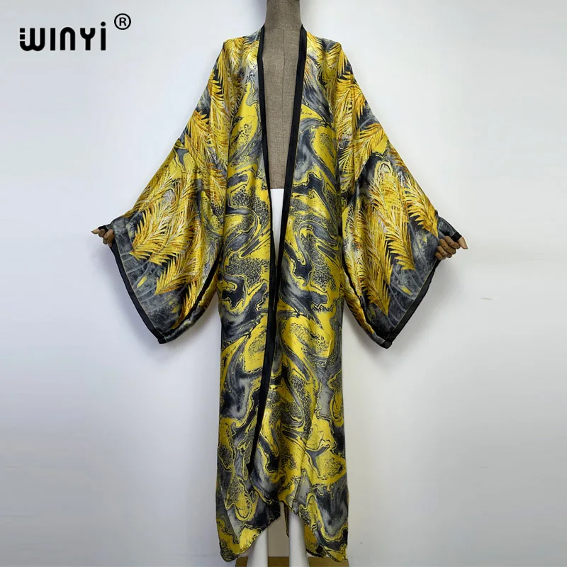 WINYI new bright fashion printing sweet lady beach Bohemian long Cardigan Cover-up stitch Casual Boho Maxi Holiday party kimono