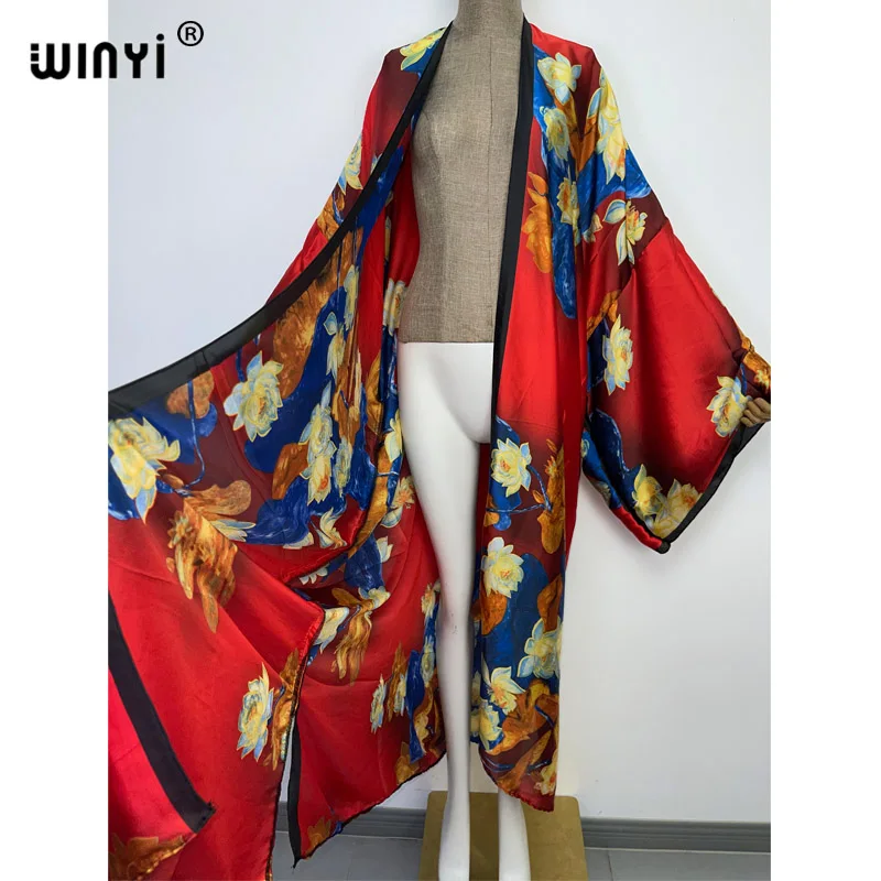 WINYI new bright fashion printing sweet lady beach Bohemian long Cardigan Cover-up stitch Casual Boho Maxi Holiday party kimono
