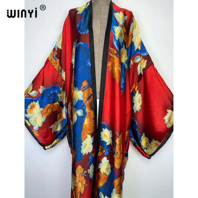 WINYI new bright fashion printing sweet lady beach Bohemian long Cardigan Cover-up stitch Casual Boho Maxi Holiday party kimono