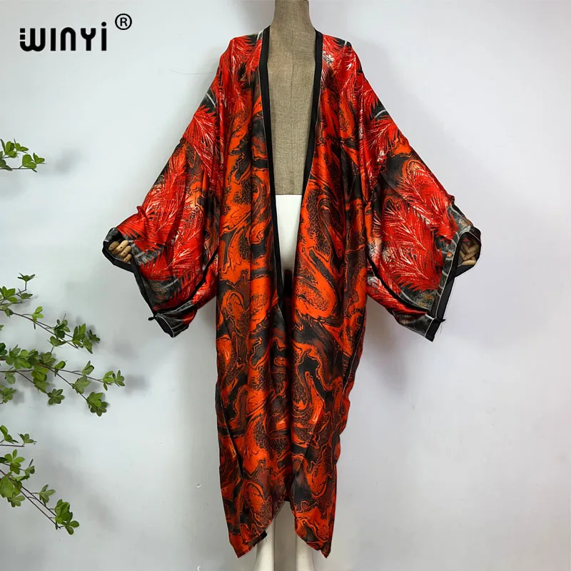 WINYI new bright fashion printing sweet lady beach Bohemian long Cardigan Cover-up stitch Casual Boho Maxi Holiday party kimono