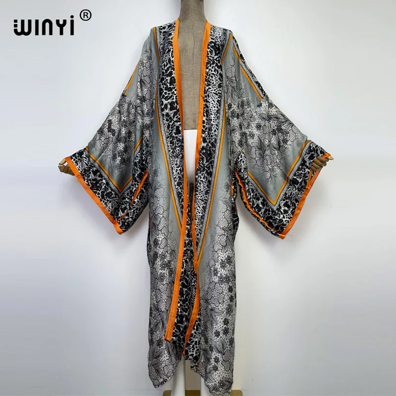 WINYI new bright fashion printing sweet lady beach Bohemian long Cardigan Cover-up stitch Casual Boho Maxi Holiday party kimono