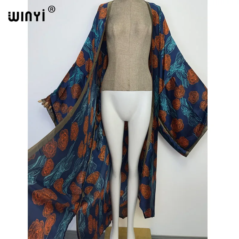 WINYI new bright fashion printing sweet lady beach Bohemian long Cardigan Cover-up stitch Casual Boho Maxi Holiday party kimono