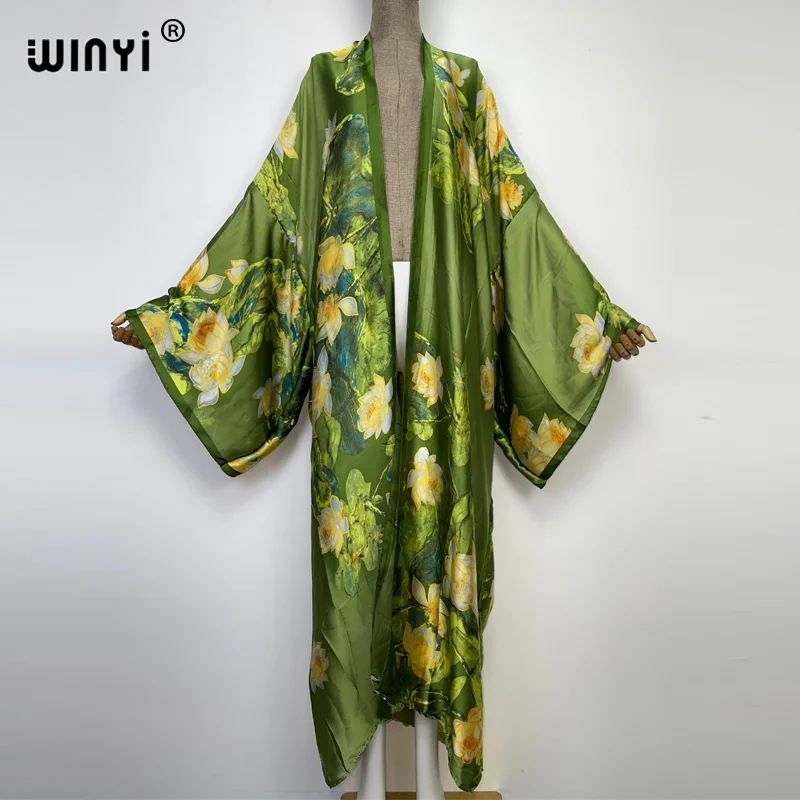 WINYI new bright fashion printing sweet lady beach Bohemian long Cardigan Cover-up stitch Casual Boho Maxi Holiday party kimono