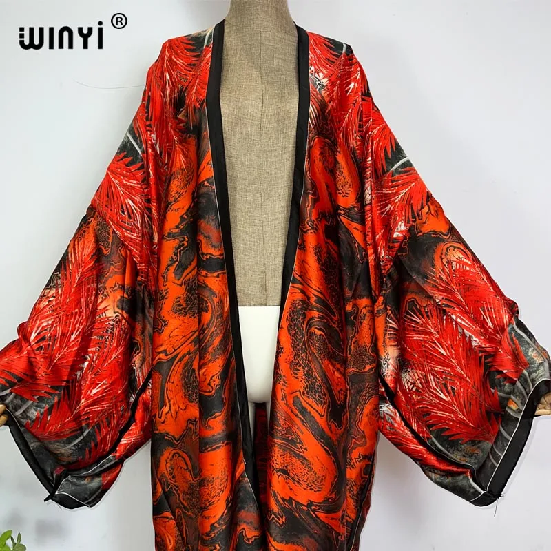 WINYI new bright fashion printing sweet lady beach Bohemian long Cardigan Cover-up stitch Casual Boho Maxi Holiday party kimono