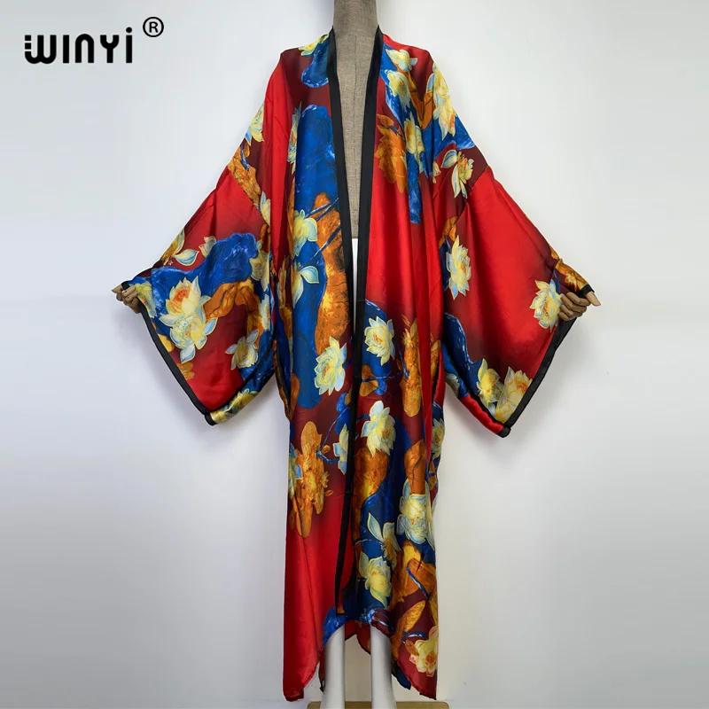 WINYI new bright fashion printing sweet lady beach Bohemian long Cardigan Cover-up stitch Casual Boho Maxi Holiday party kimono