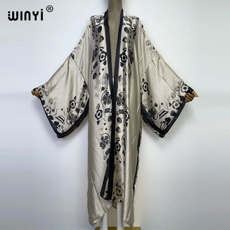 WINYI new bright fashion printing sweet lady beach Bohemian long Cardigan Cover-up stitch Casual Boho Maxi Holiday party kimono