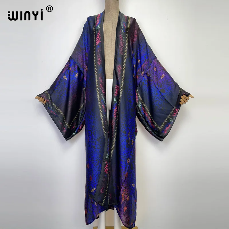 WINYI new bright fashion printing sweet lady beach Bohemian long Cardigan Cover-up stitch Casual Boho Maxi Holiday party kimono