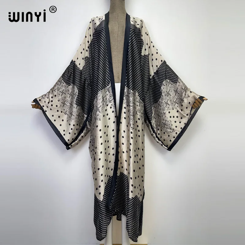 WINYI new bright fashion printing sweet lady beach Bohemian long Cardigan Cover-up stitch Casual Boho Maxi Holiday party kimono