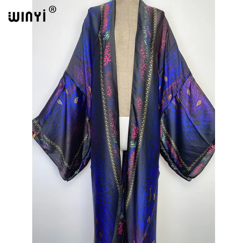 WINYI new bright fashion printing sweet lady beach Bohemian long Cardigan Cover-up stitch Casual Boho Maxi Holiday party kimono