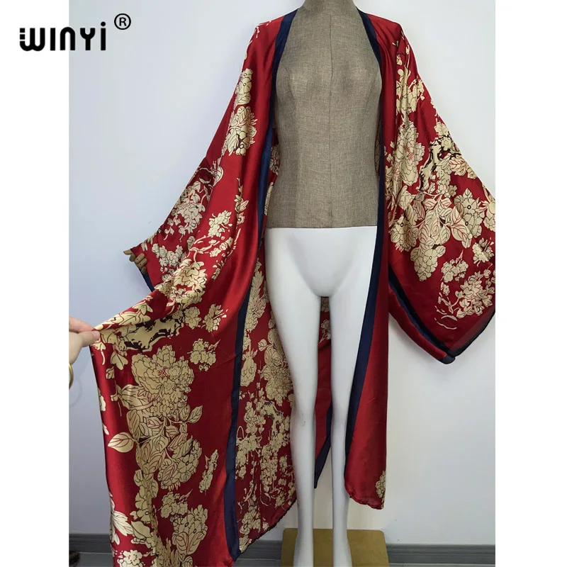 WINYI new bright fashion printing sweet lady beach Bohemian long Cardigan Cover-up stitch Casual Boho Maxi Holiday party kimono