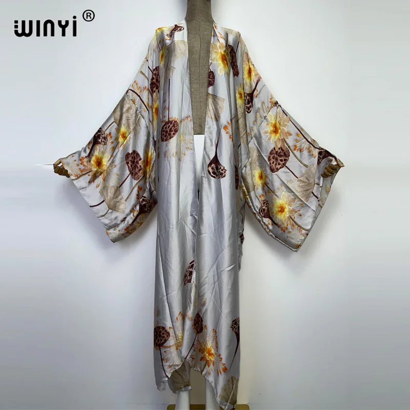 WINYI new bright fashion printing sweet lady beach Bohemian long Cardigan Cover-up stitch Casual Boho Maxi Holiday party kimono