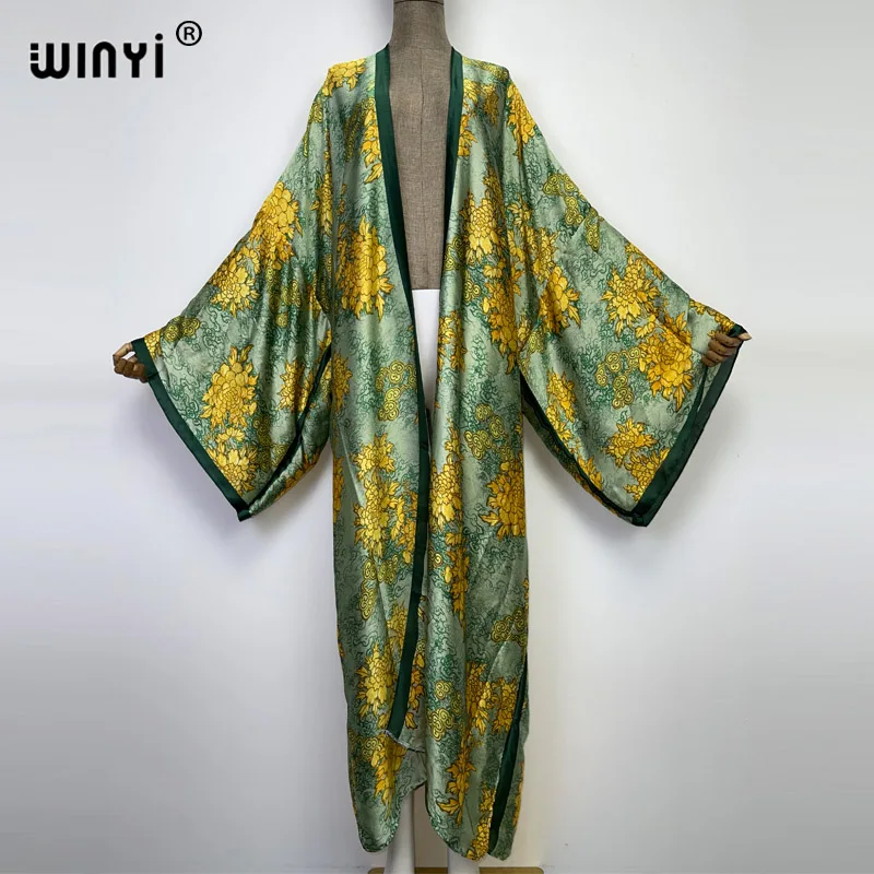 WINYI new bright fashion printing sweet lady beach Bohemian long Cardigan Cover-up stitch Casual Boho Maxi Holiday party kimono