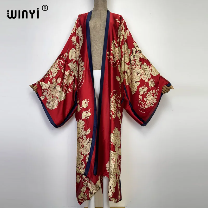 WINYI new bright fashion printing sweet lady beach Bohemian long Cardigan Cover-up stitch Casual Boho Maxi Holiday party kimono