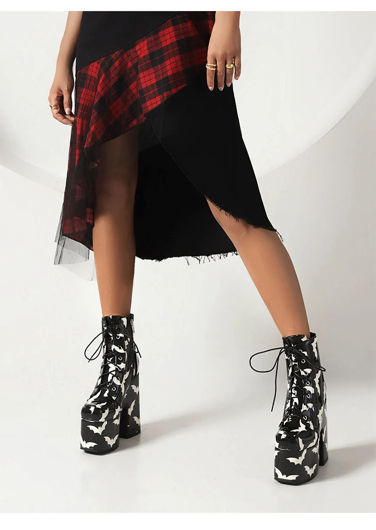 Rainbow Glossy Patent Leather Super Platform Fashion Short Boots Square Toe Super Chunky Heel Punk Style Bat Print Women's Boots
