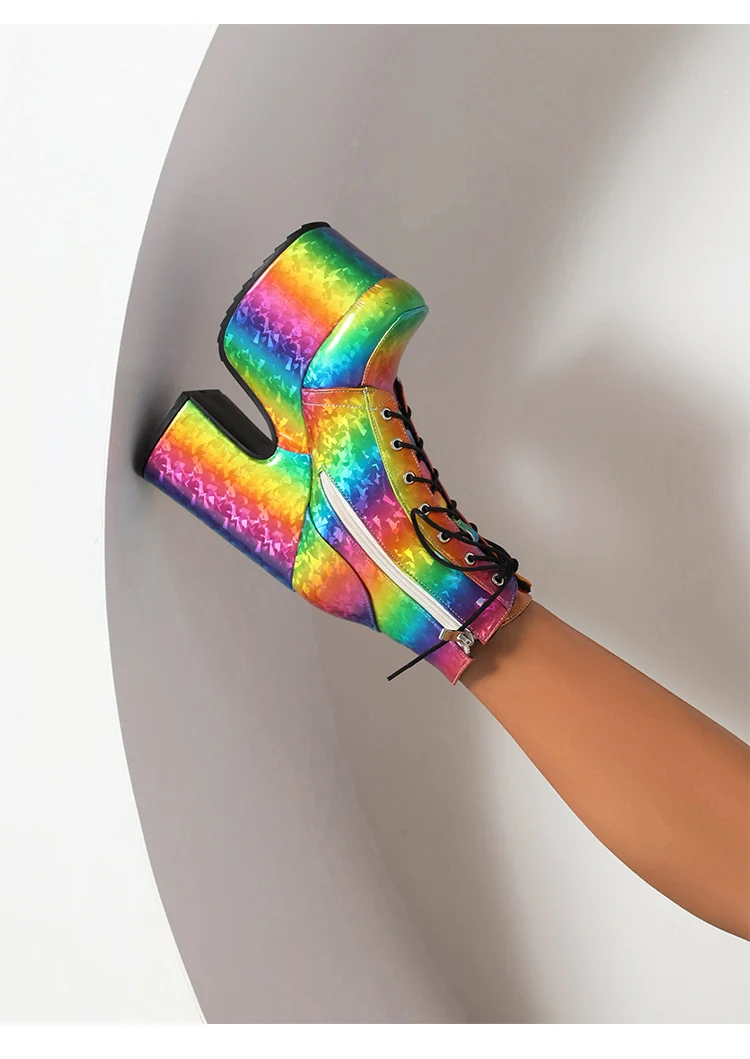 Rainbow Glossy Patent Leather Super Platform Fashion Short Boots Square Toe Super Chunky Heel Punk Style Bat Print Women's Boots
