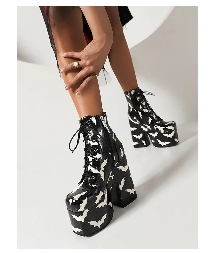 Rainbow Glossy Patent Leather Super Platform Fashion Short Boots Square Toe Super Chunky Heel Punk Style Bat Print Women's Boots