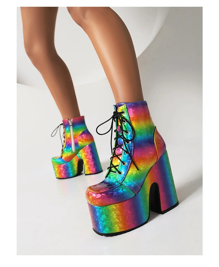 Rainbow Glossy Patent Leather Super Platform Fashion Short Boots Square Toe Super Chunky Heel Punk Style Bat Print Women's Boots