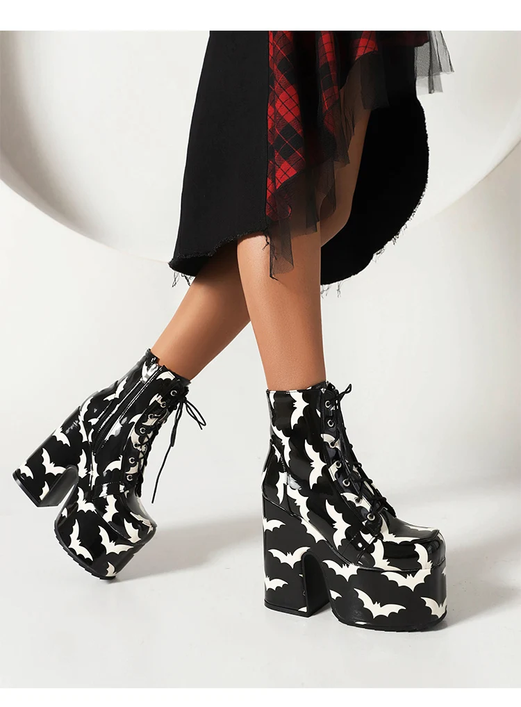 Rainbow Glossy Patent Leather Super Platform Fashion Short Boots Square Toe Super Chunky Heel Punk Style Bat Print Women's Boots