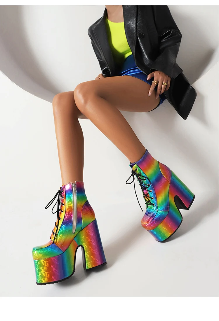 Rainbow Glossy Patent Leather Super Platform Fashion Short Boots Square Toe Super Chunky Heel Punk Style Bat Print Women's Boots