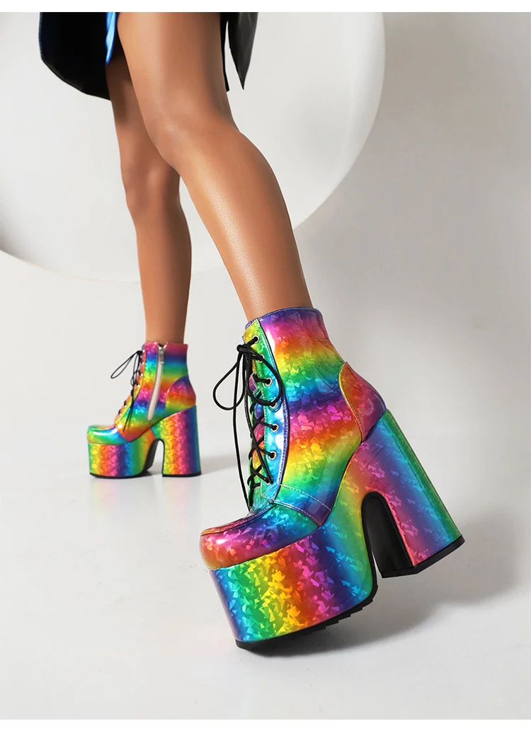 Rainbow Glossy Patent Leather Super Platform Fashion Short Boots Square Toe Super Chunky Heel Punk Style Bat Print Women's Boots