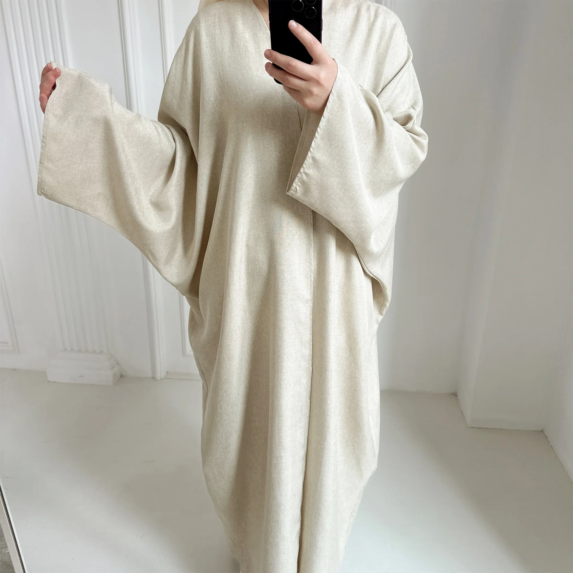 Linen-like Extra-Loose-Fit Butterfly Kaftan Abaya, Batwing Sleeves Muslim Women Open Abaya, Ramadan Eid Hijabi Islamic Clothing