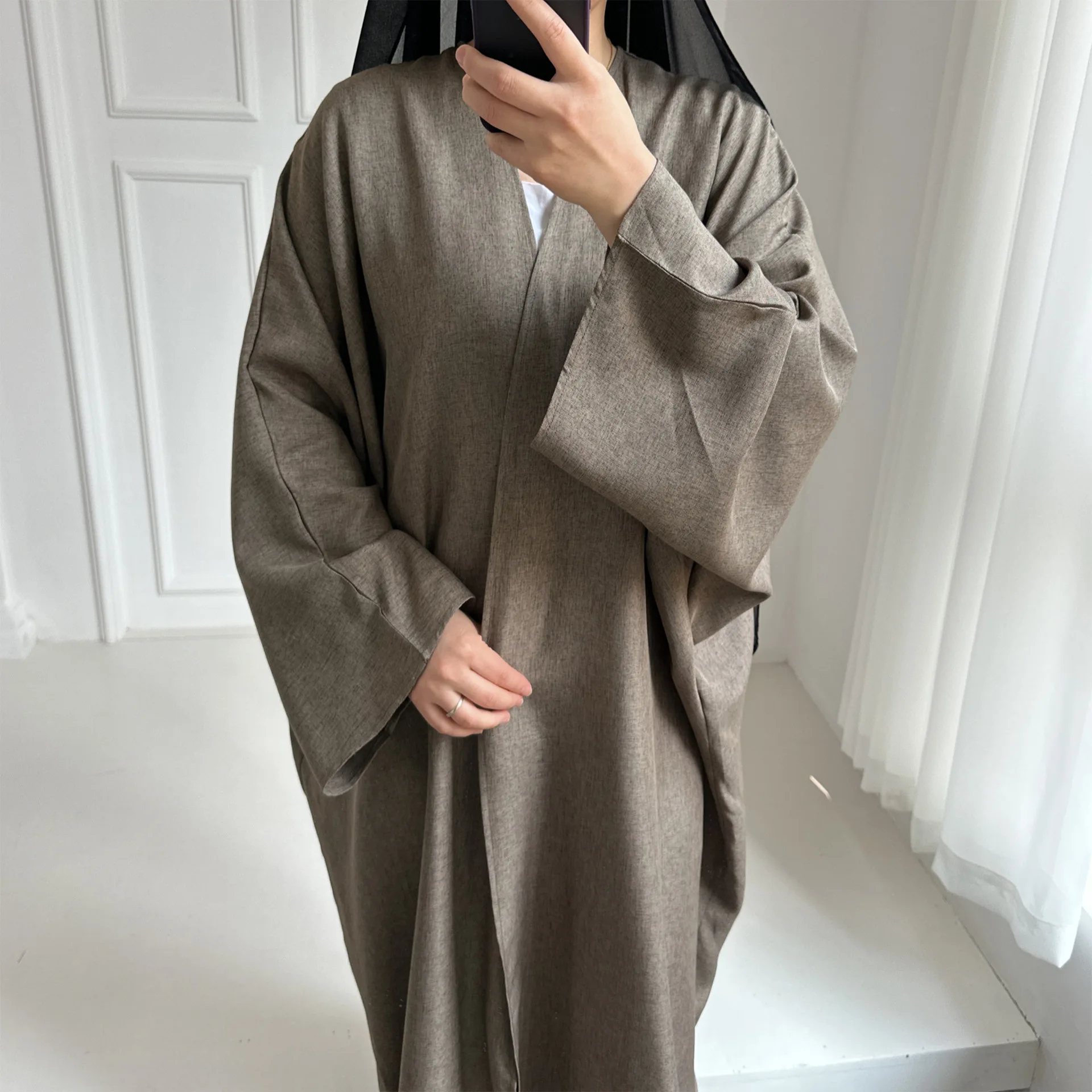 Linen-like Extra-Loose-Fit Butterfly Kaftan Abaya, Batwing Sleeves Muslim Women Open Abaya, Ramadan Eid Hijabi Islamic Clothing