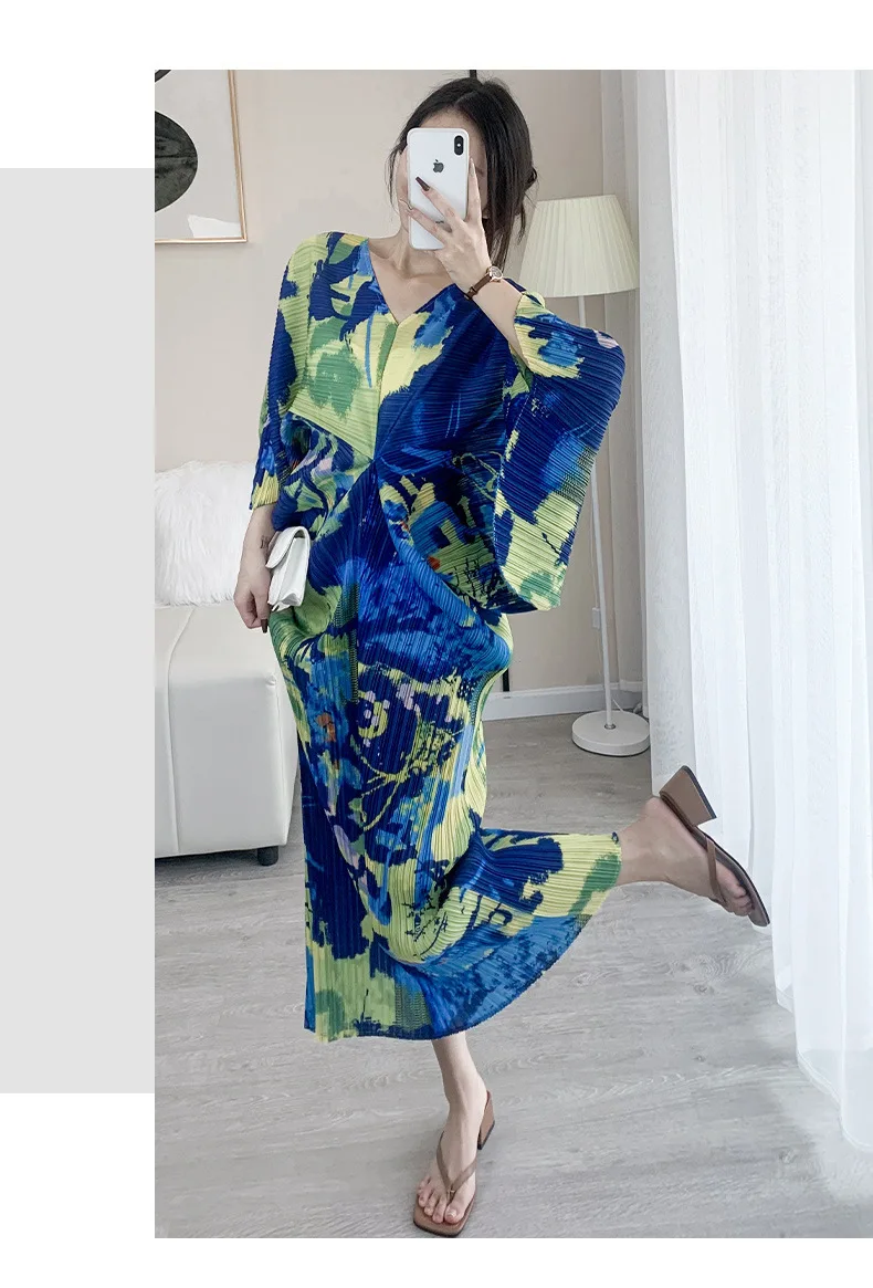 Miyaki Fold Dress for Women, Elegant Dress, V-neck, Bat-Sleeve, Printed Loose Dress, High-Grade, Spring and Autumn Fashion, 2022