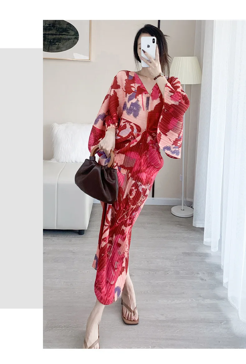 Miyaki Fold Dress for Women, Elegant Dress, V-neck, Bat-Sleeve, Printed Loose Dress, High-Grade, Spring and Autumn Fashion, 2022
