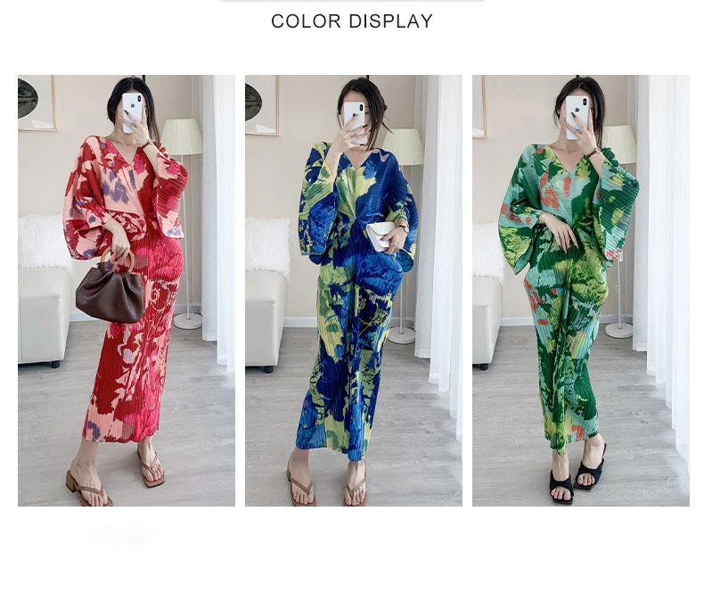 Miyaki Fold Dress for Women, Elegant Dress, V-neck, Bat-Sleeve, Printed Loose Dress, High-Grade, Spring and Autumn Fashion, 2022