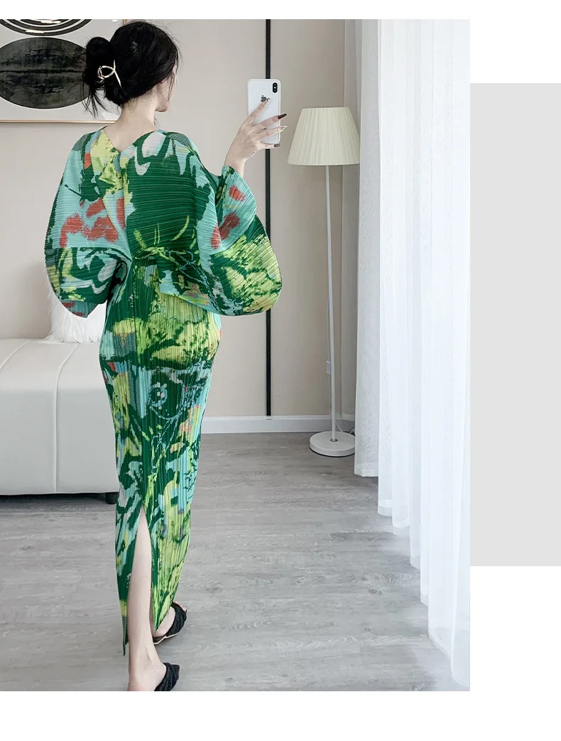 Miyaki Fold Dress for Women, Elegant Dress, V-neck, Bat-Sleeve, Printed Loose Dress, High-Grade, Spring and Autumn Fashion, 2022