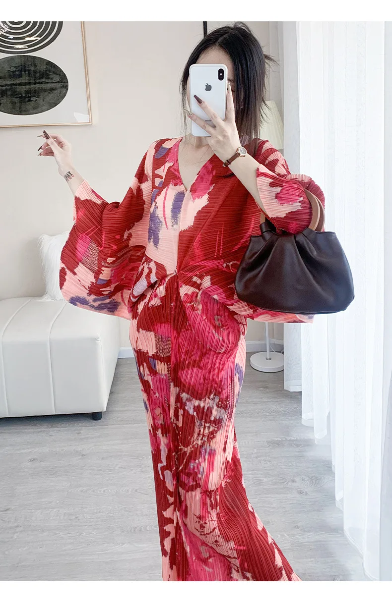 Miyaki Fold Dress for Women, Elegant Dress, V-neck, Bat-Sleeve, Printed Loose Dress, High-Grade, Spring and Autumn Fashion, 2022
